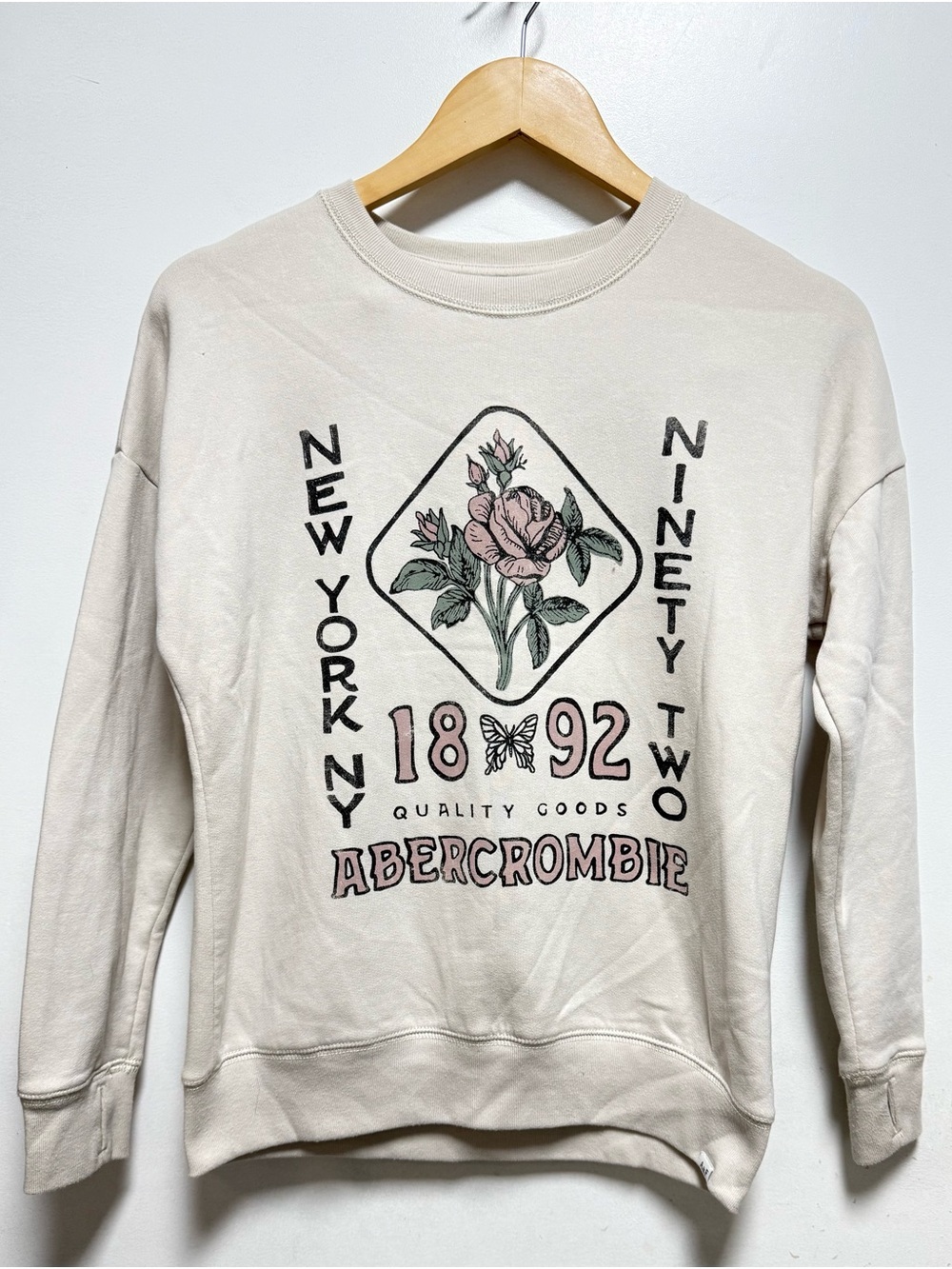 abercrombie kids Cream Crewneck Sweatshirt with Floral Graphic